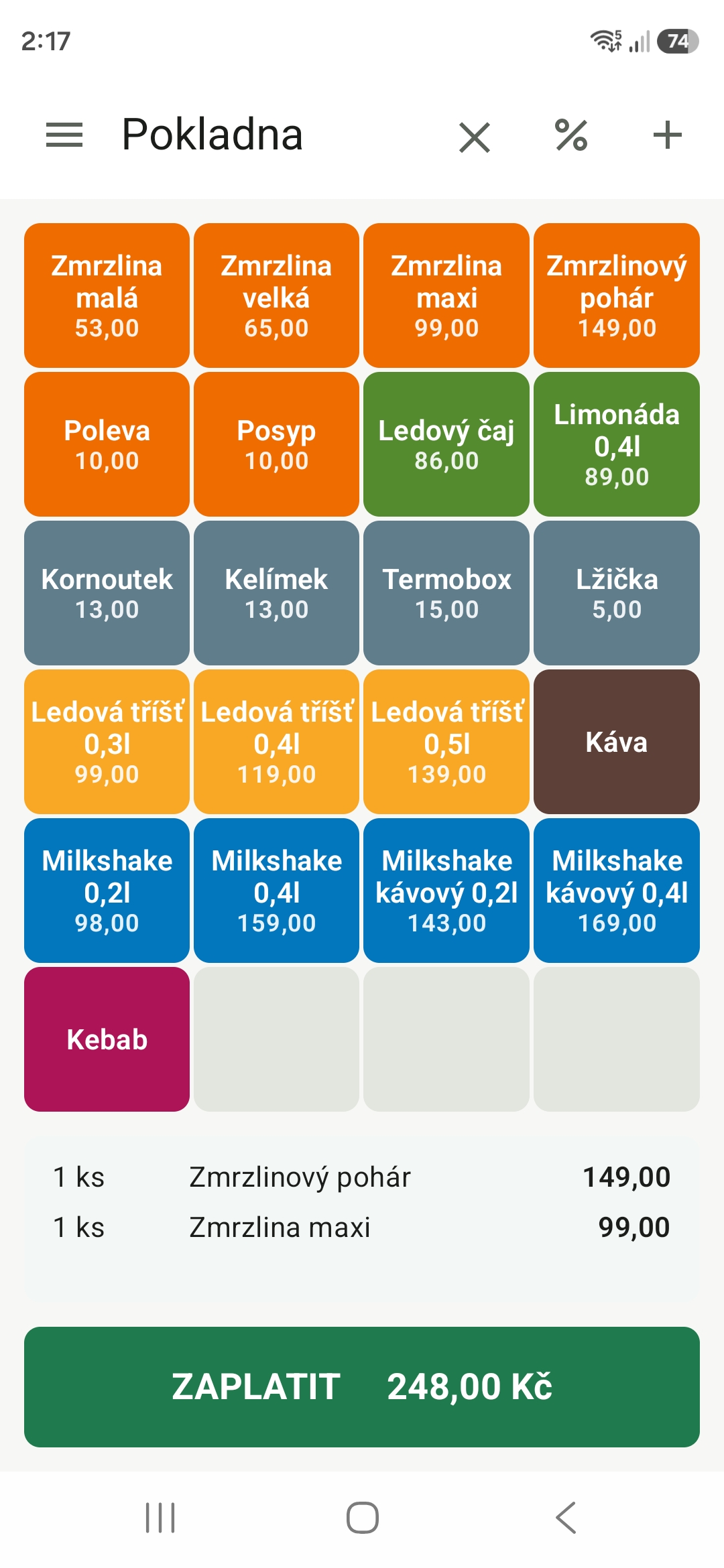 Hlavní obrazovka pokladny