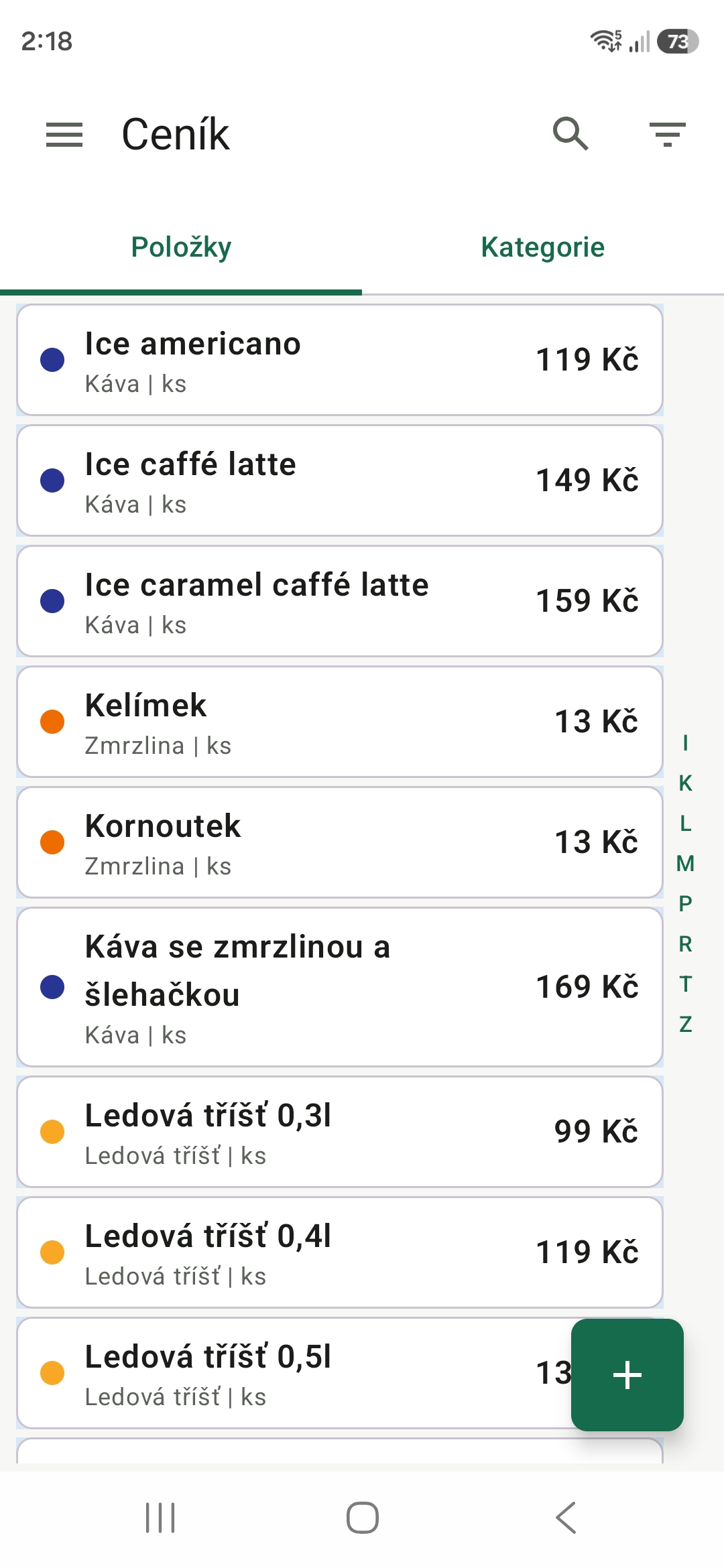 Ceník v aplikaci