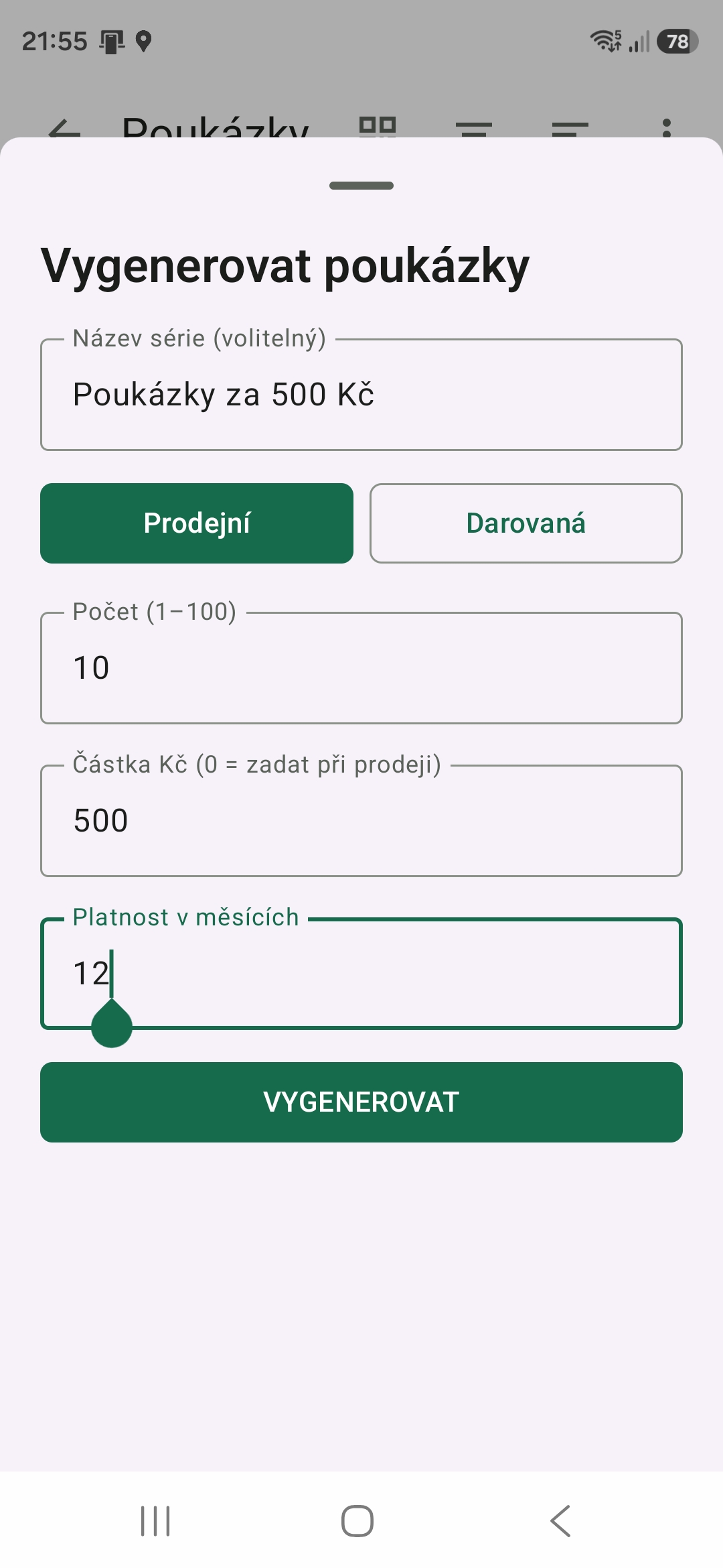 Generování série poukázek