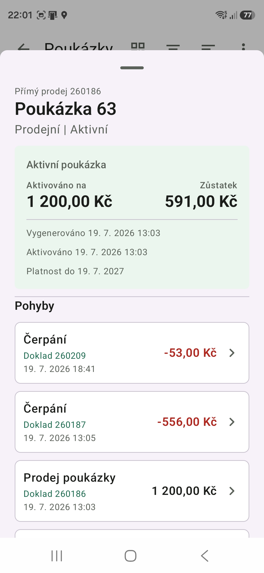 Detail poukázky a historie pohybů