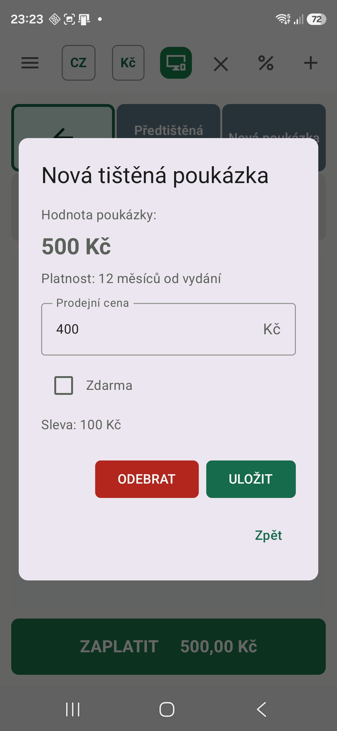 Prodej poukázky se slevou nebo zdarma