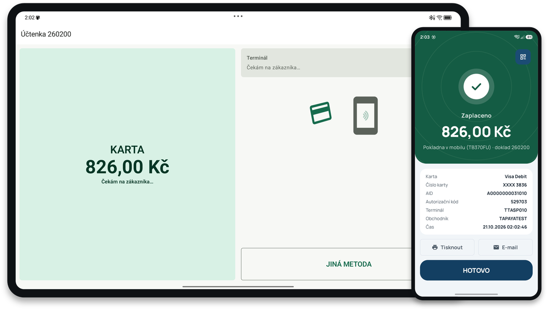 Pokladna na tabletu čeká na kartu, telefon s Terminálem do mobilu hlásí zaplaceno