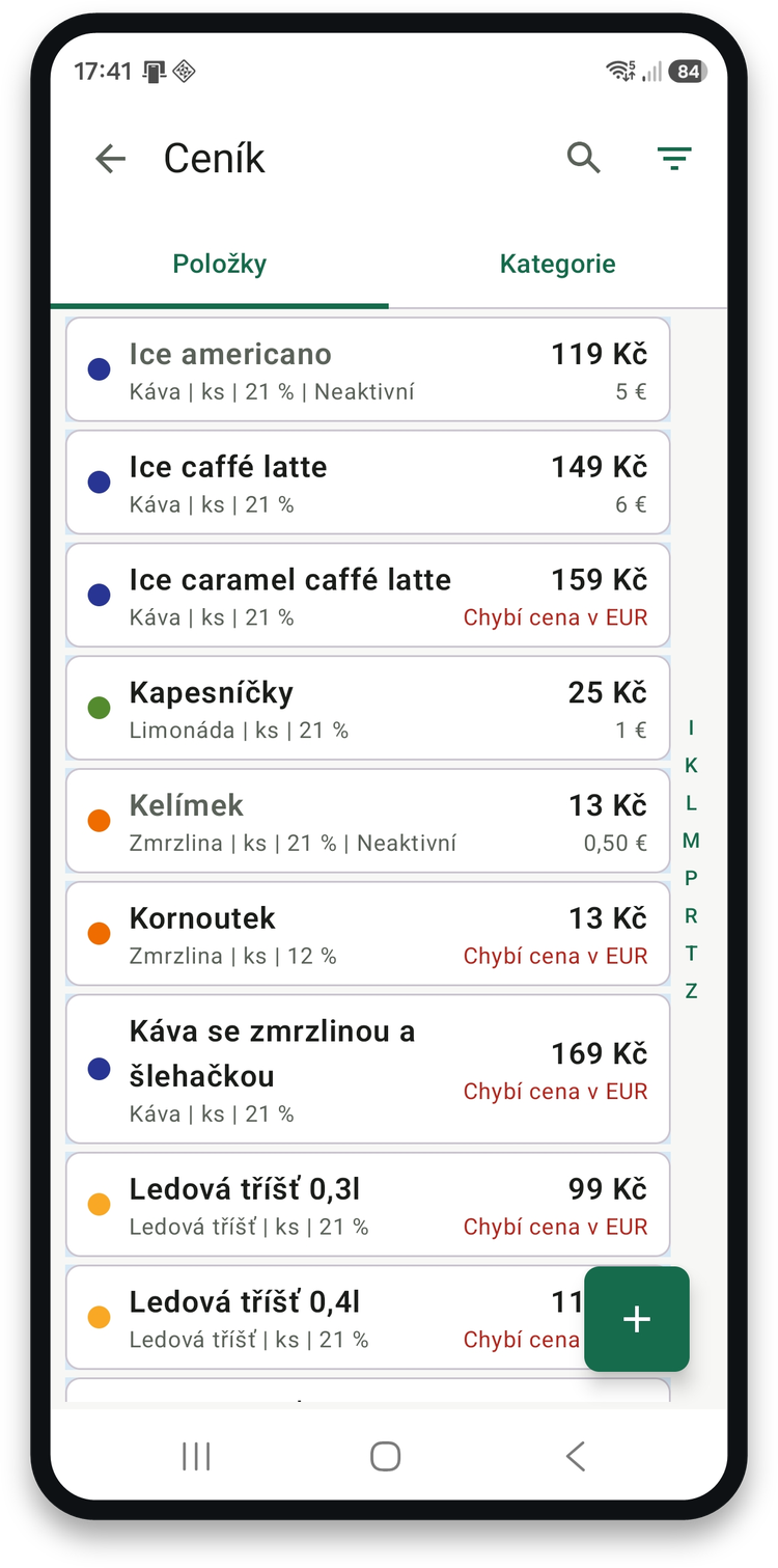 Seznam položek ceníku s kategoriemi, jednotkami a sazbami DPH