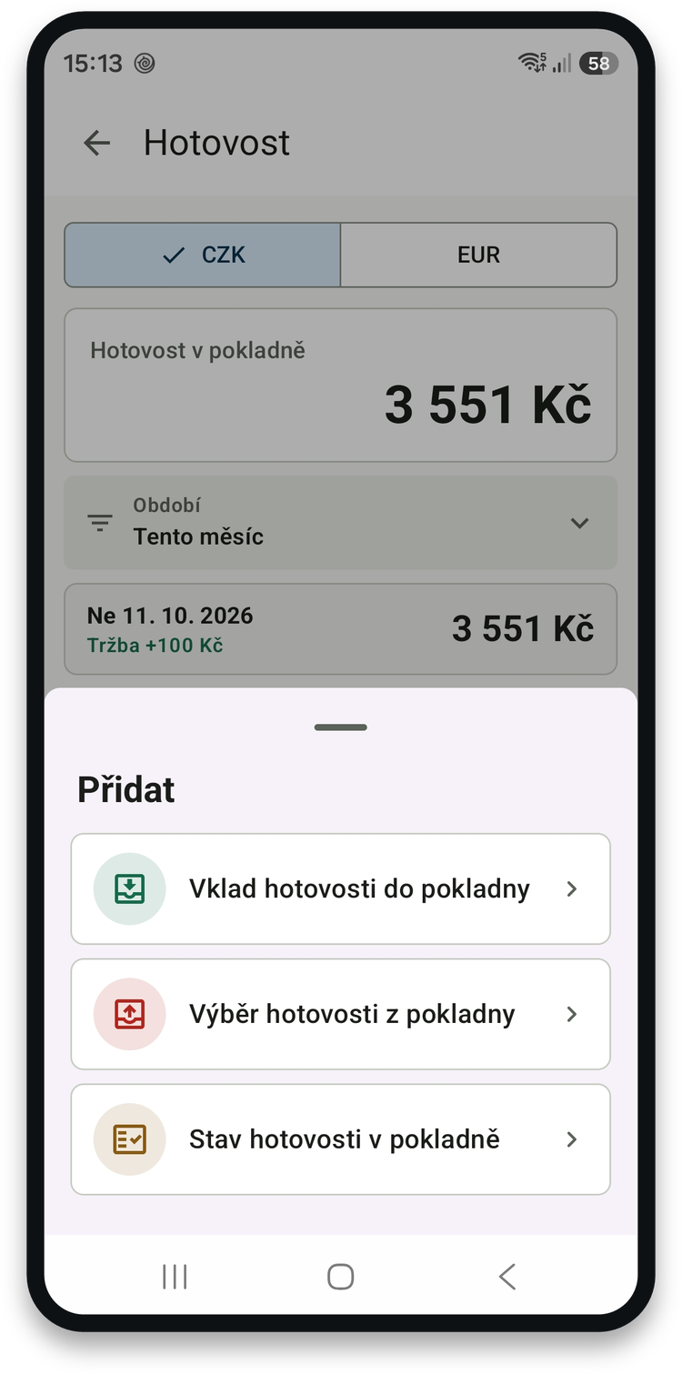 Přidání vkladu, výběru nebo stavu hotovosti