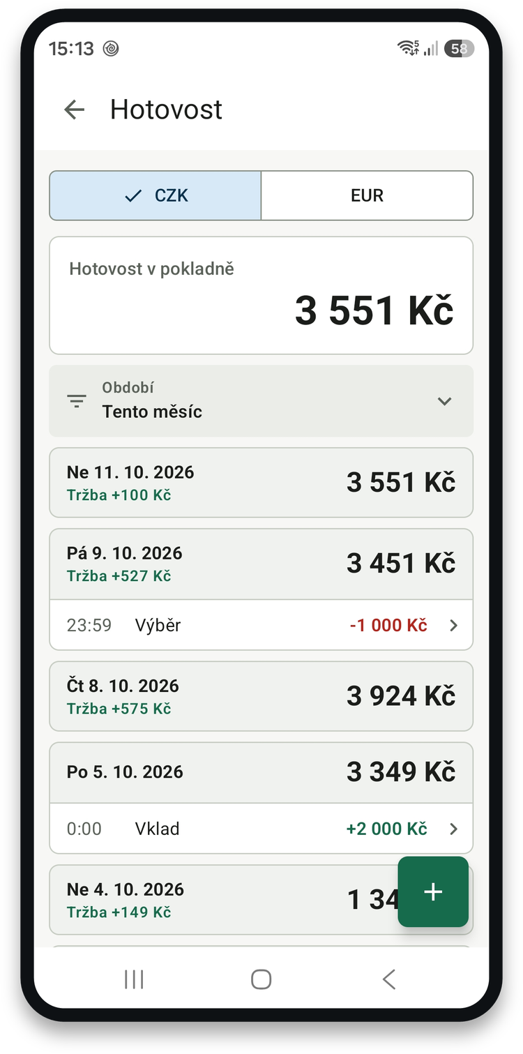 Hotovost v pokladně po dnech