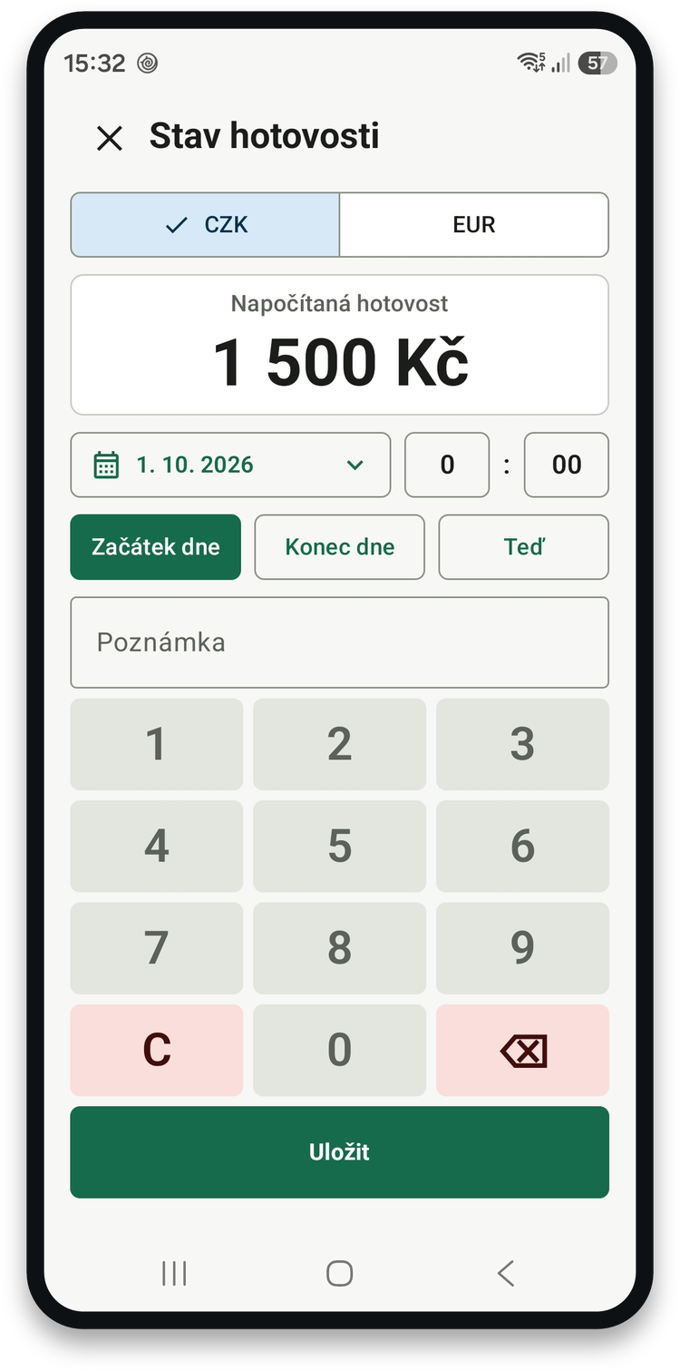 Zadání stavu hotovosti