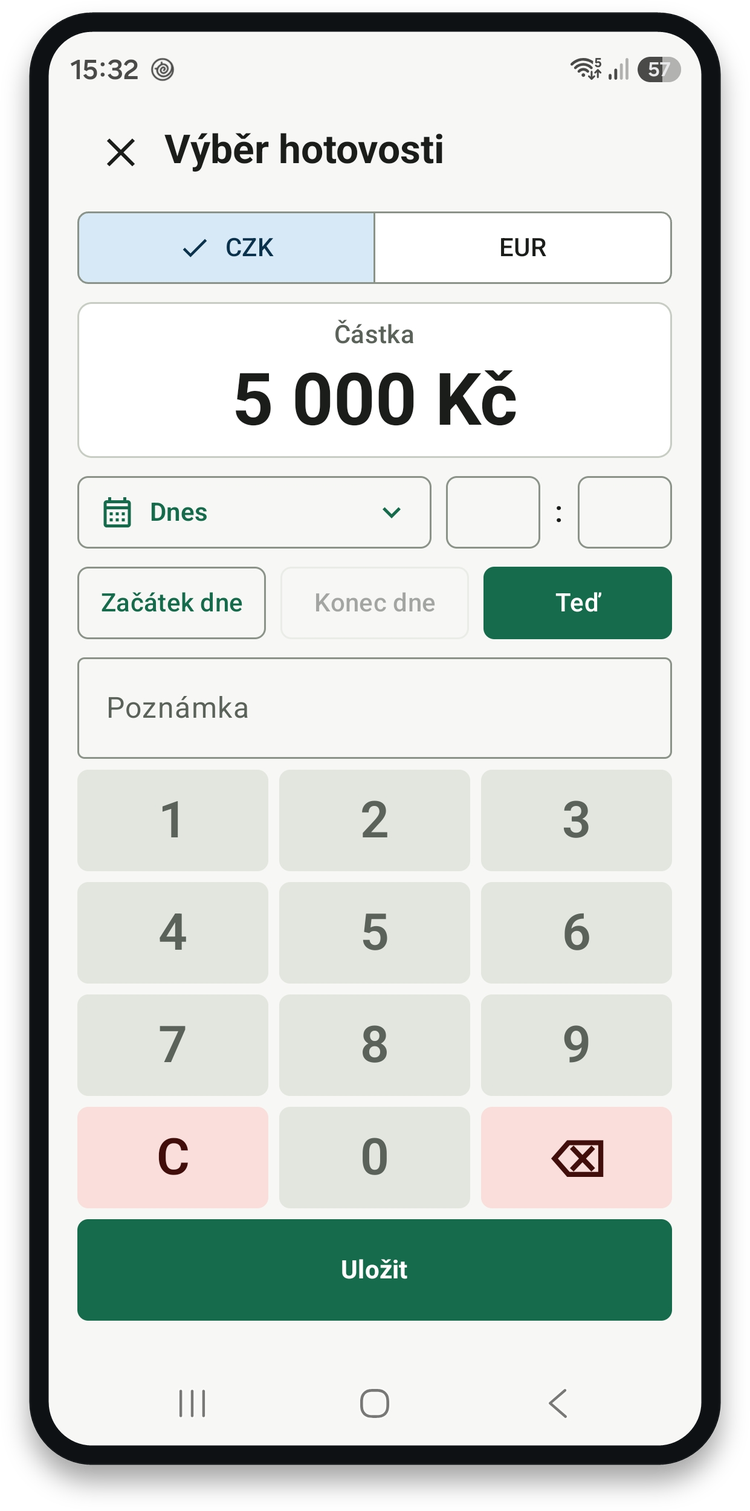 Zadání výběru hotovosti