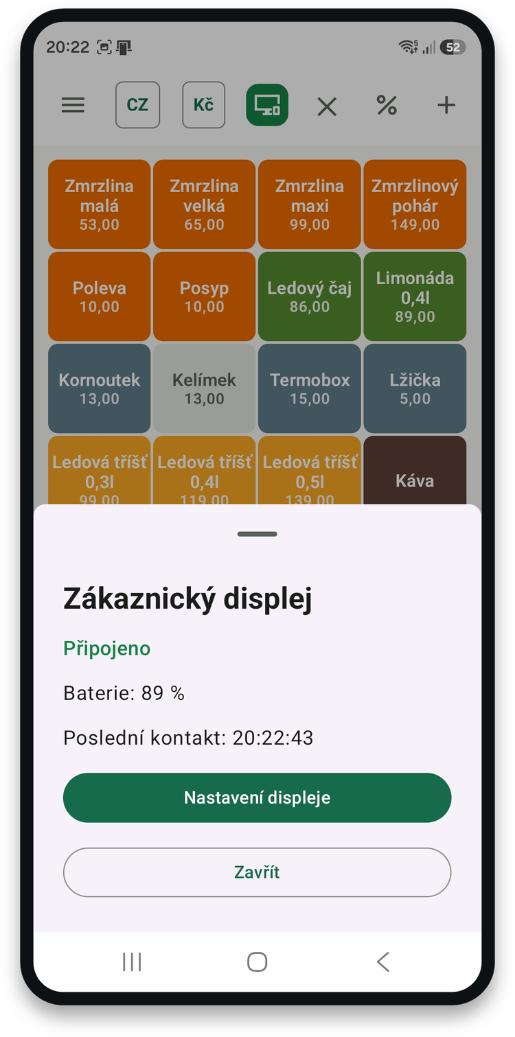 Stav zákaznického displeje s baterií a časem posledního kontaktu