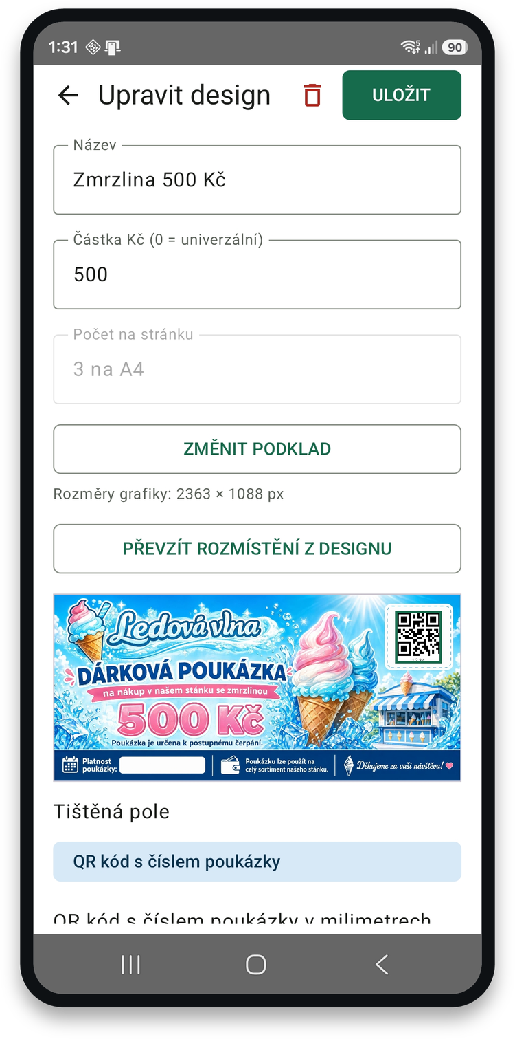 Návrh poukázky s vlastní grafikou a QR kódem