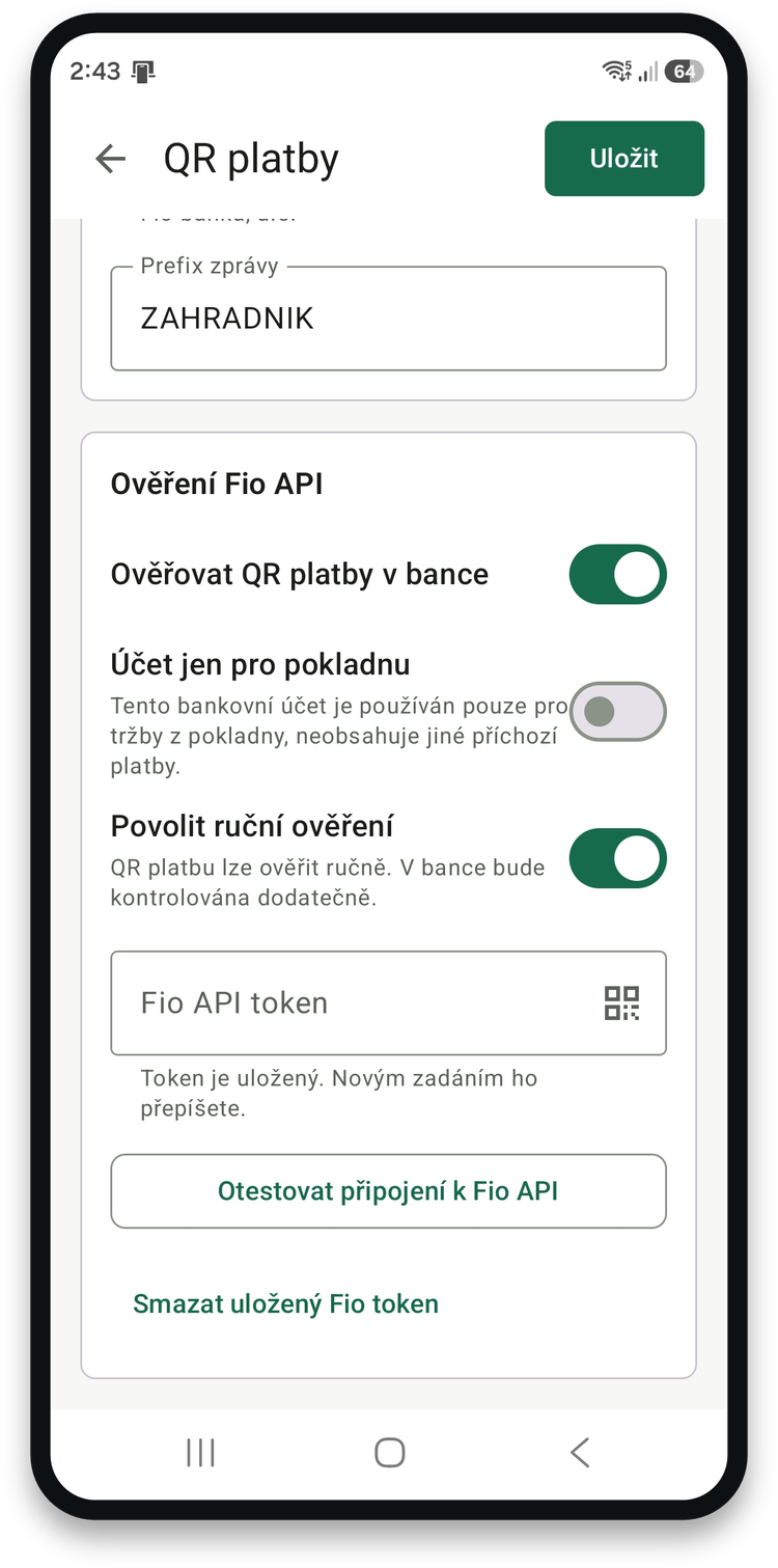 Nastavení ověřování přes Fio API s tokenem a testem připojení