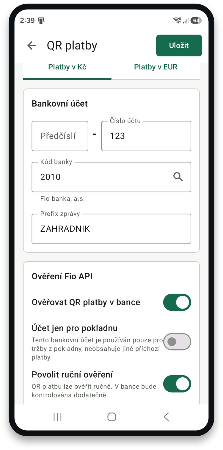 Nastavení bankovního účtu pro QR platby