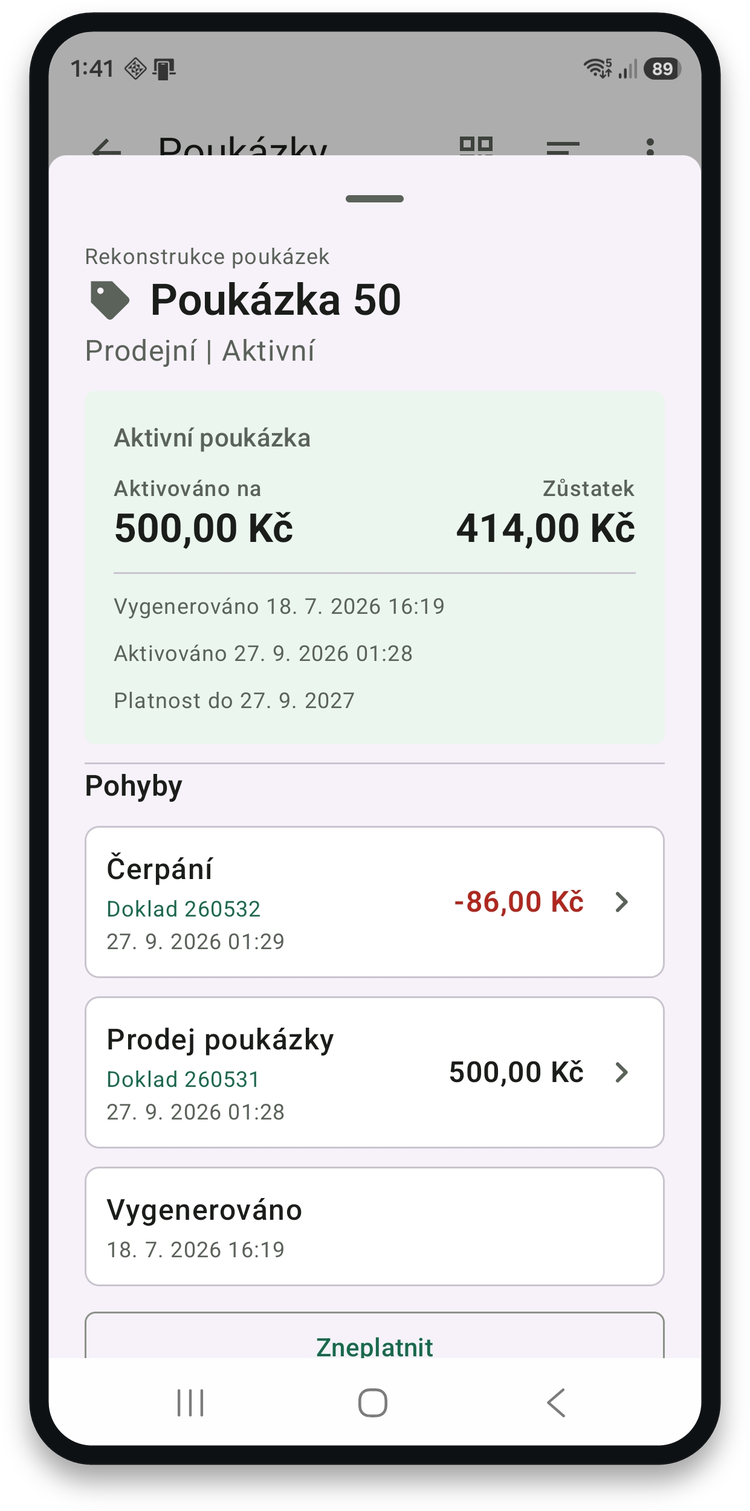 Detail poukázky s pohyby a zůstatkem