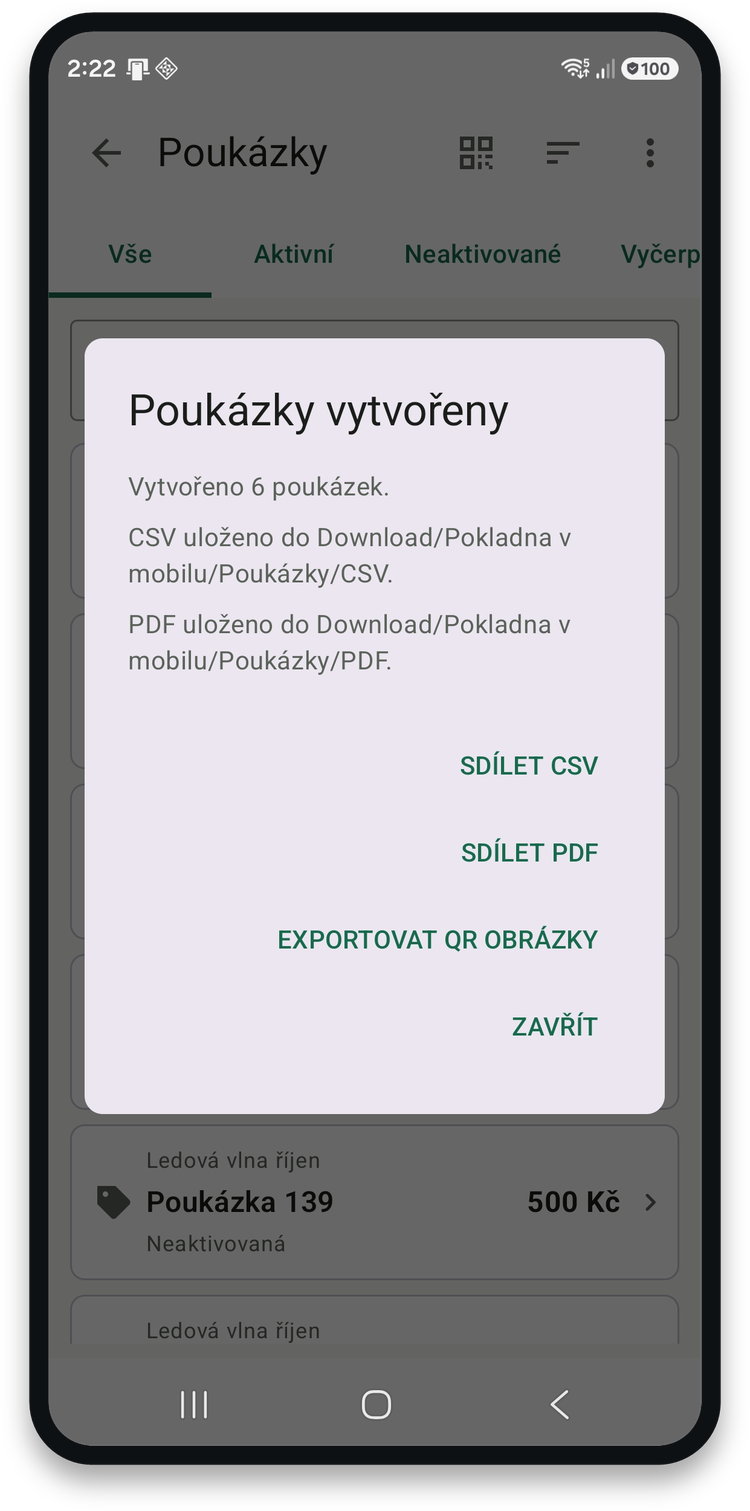 Hotová série poukázek s exportem do CSV a PDF