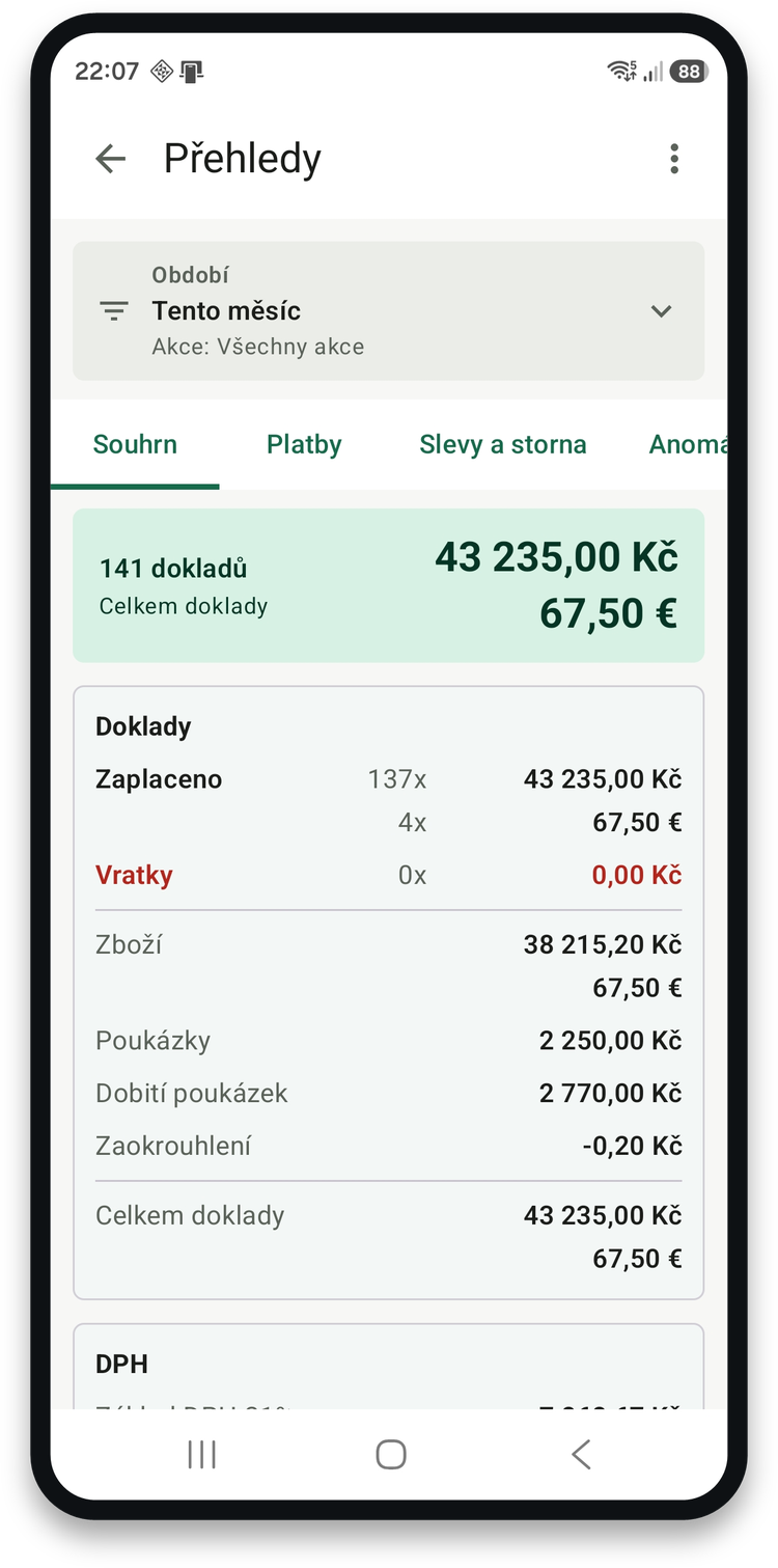 Souhrn prodeje s doklady, zbožím a poukázkami