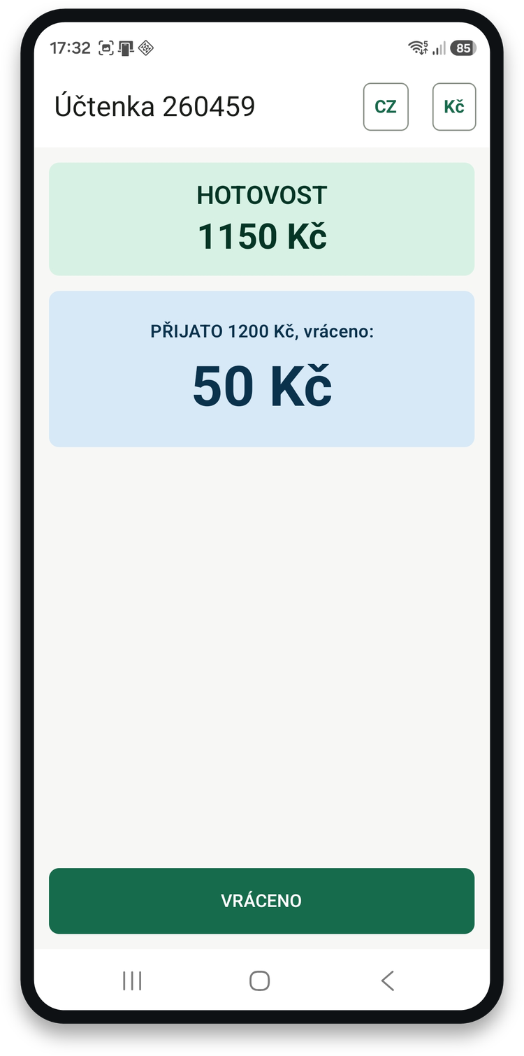 Rekapitulace přijaté hotovosti a částky k vrácení