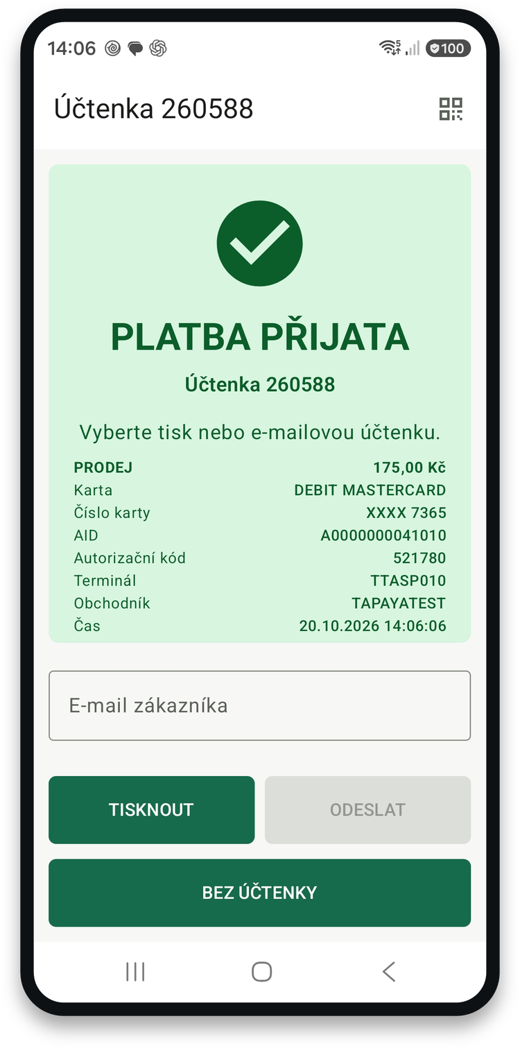 Pokladna v telefonu po přijaté platbě kartou s údaji o platbě
