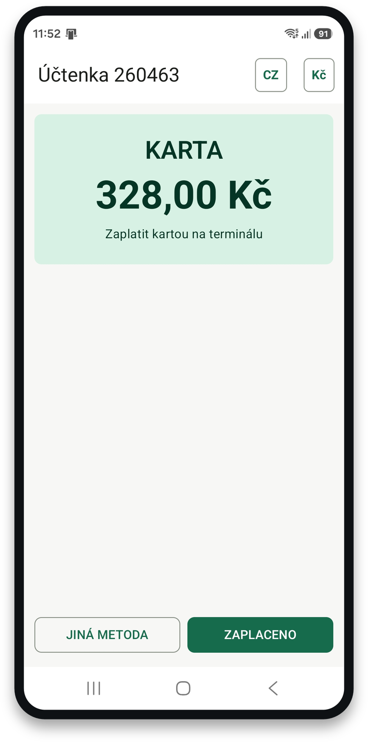Obrazovka pro potvrzení platby provedené na terminálu