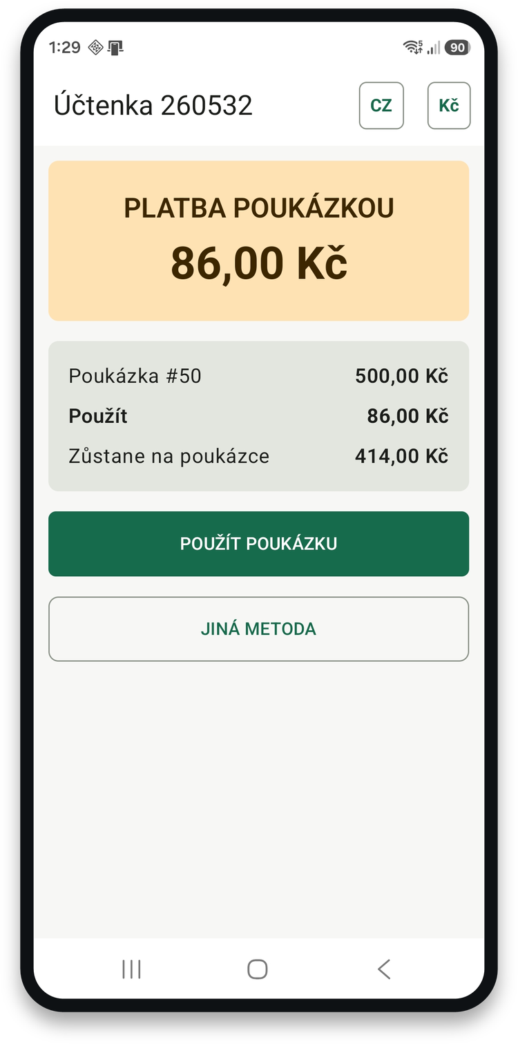 Platba poukázkou, kde je vidět použitá částka i zůstatek na poukázce