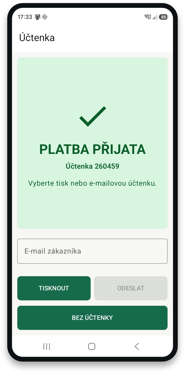 Potvrzení přijaté platby s volbou účtenky