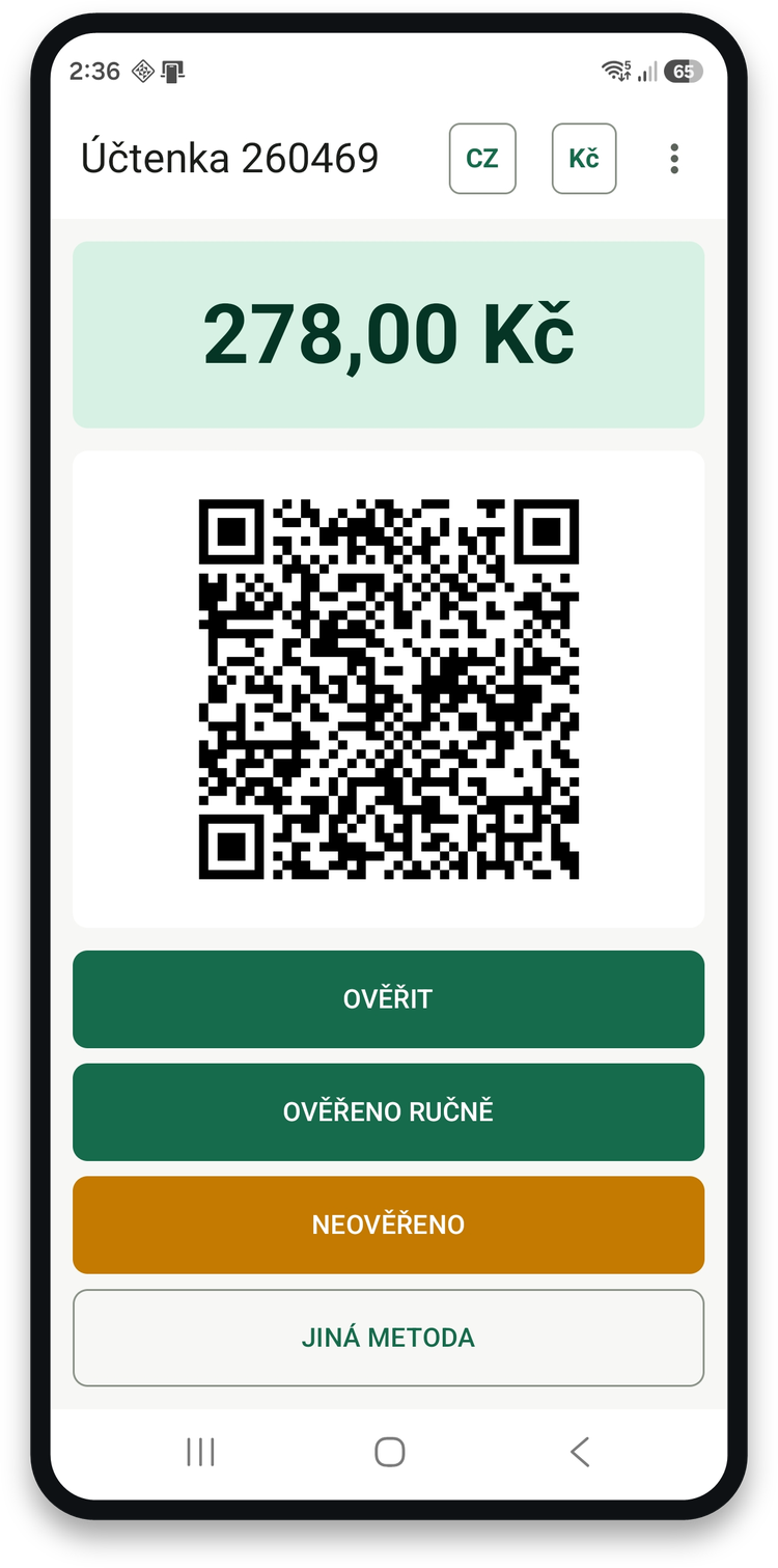 QR platba s částkou a tlačítky pro ověření