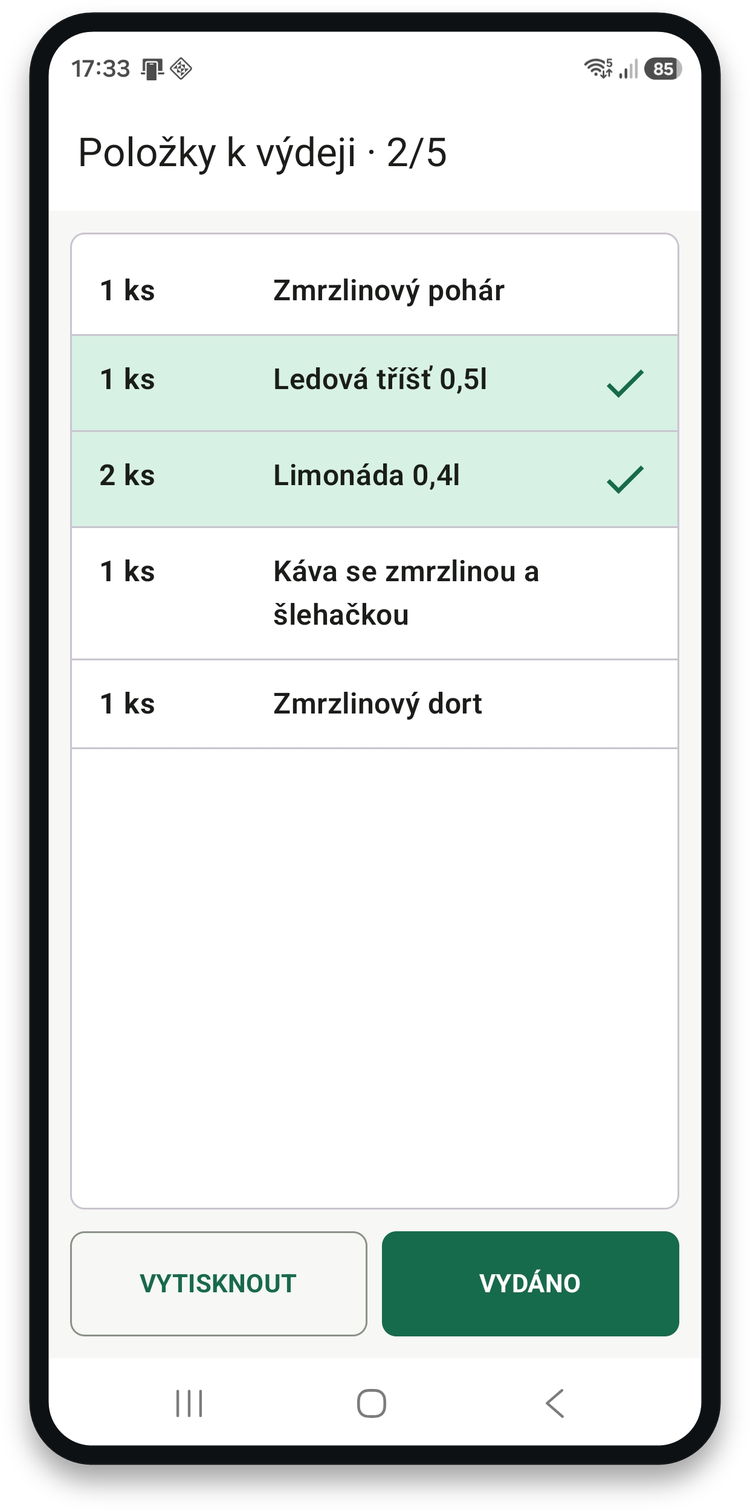 Seznam položek k výdeji s odškrtnutými položkami