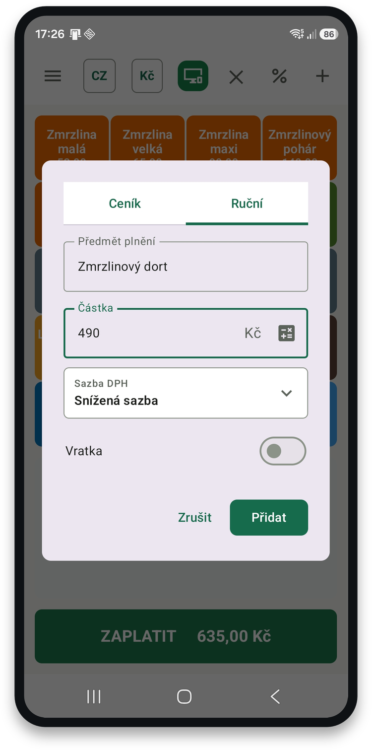 Zadání ruční položky mimo ceník