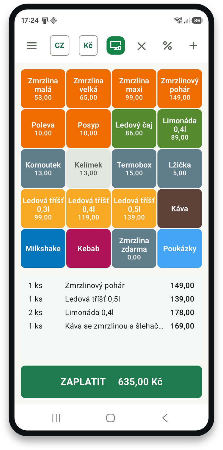 Prodejní obrazovka s tlačítky a žurnálem účtenky