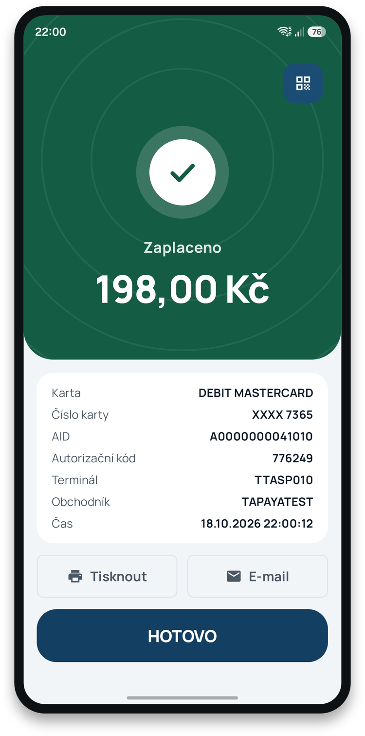 Terminál do mobilu po přijaté platbě kartou